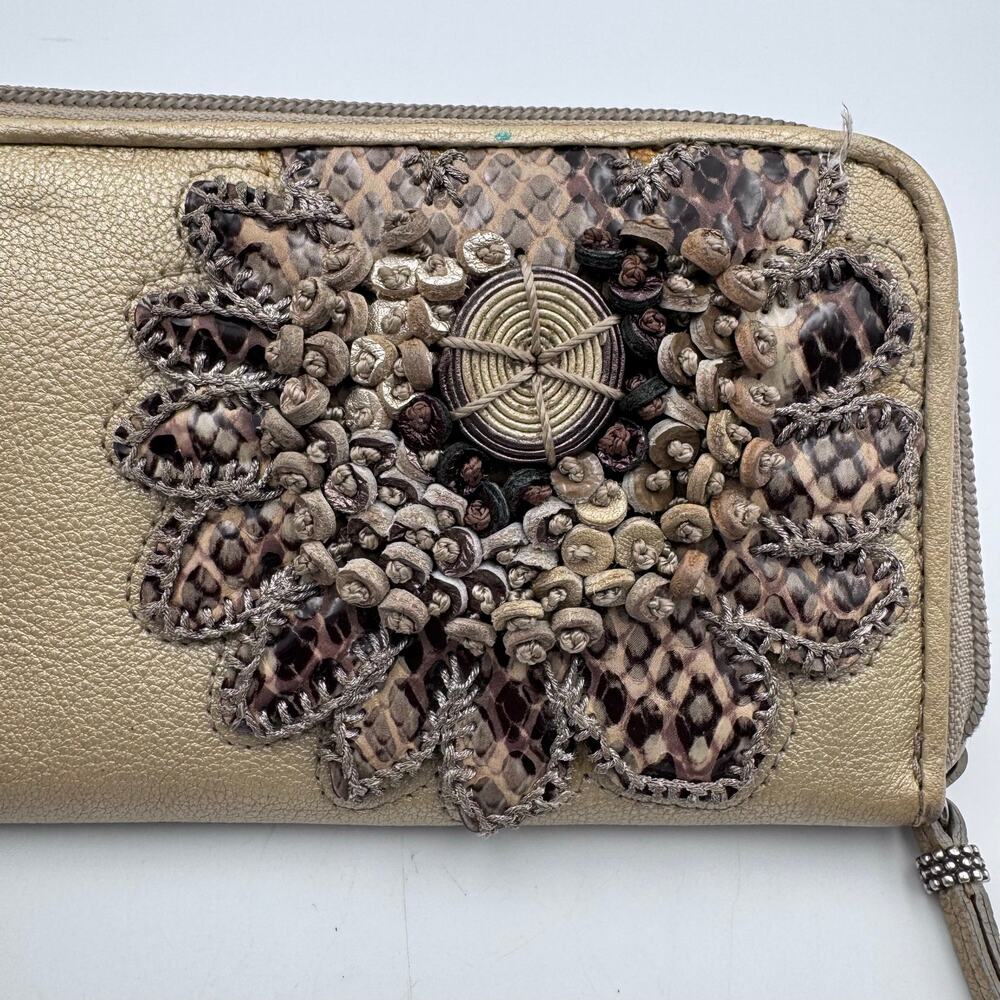 Brighton Metallic Gold Leather Zip Around Wallet Flower Accent NO CrossbodyStrap
